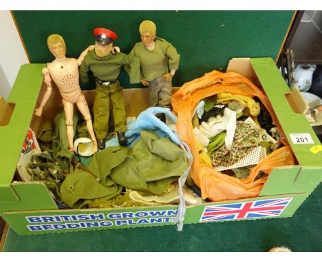 Vintage Box containing early Action Man figures including clothing, Tents Equipment, and various other items, containing 3 Au