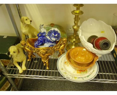 Half shelf containing collector’s items including cheese dish and stilton cheese dish and lid, brass candlesticks, 