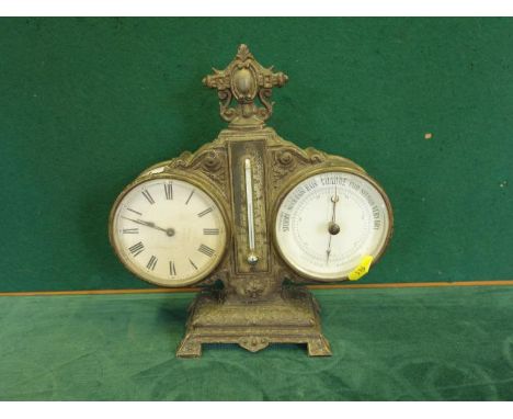 Interesting twin mantle clock se with aneroid barometer an 8 day clock with thermometer in the centre section all set in a me