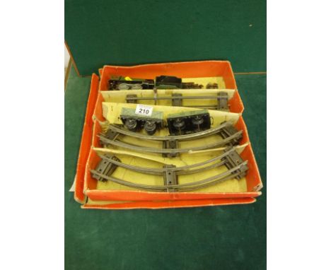 Hornby Made in England by Meccano Limited, boxed O-Gauge Tin plate train, tender set with 2 carriages and track, original key