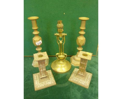 Pair of Victorian decorative brass candlesticks 10" tall a pair of Arts & Crafts brass candlesticks with detachable sconces m