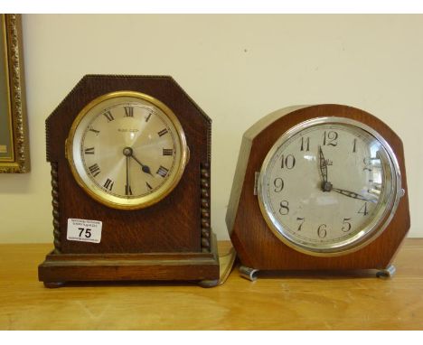 Oak mantle clock, c1920's dial marked Boulle-clock, electric magnetic movement, battery operated, and 1 other similar 1920's 