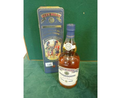 Glen Moray a 15 year old matured in oak barrel Scotch Malt Whisky, single Highland in a tin case, Black Watch Royal Highland 