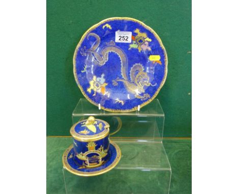 Carltonware, 8.5" gilt and rich blue cabinet plate, decorated to the centre with fiery Dragon, some small rubs to gilded boar