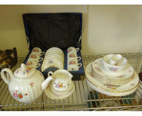 Royal Worcester pattern Roamoke a boxed 6 place coffee set with saucers, tea pot, cream jug and sugar basin, cake plate, 2 x 