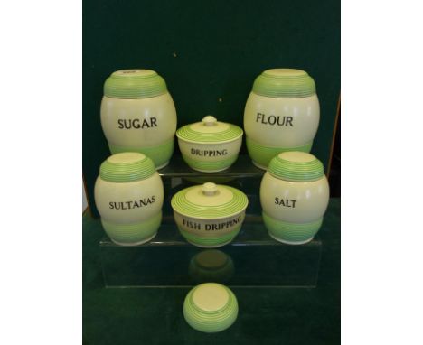 Rare 1930's T G Green Streamline green banded with Church Gresley mark, large sugar container, 7" tall, 7" tall Flour contain