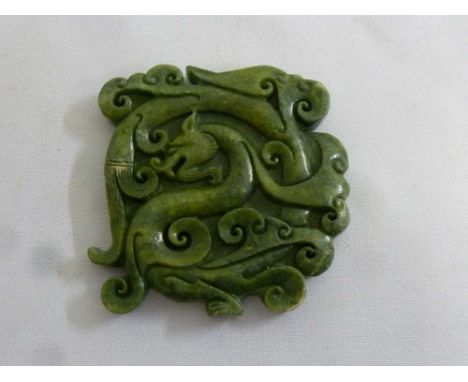 Chinese green hardstone scroll plaque with dragon decorations