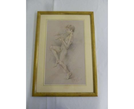 Franco Matania framed and glazed pastel of Pan playing the pipes - 49 x 29cm