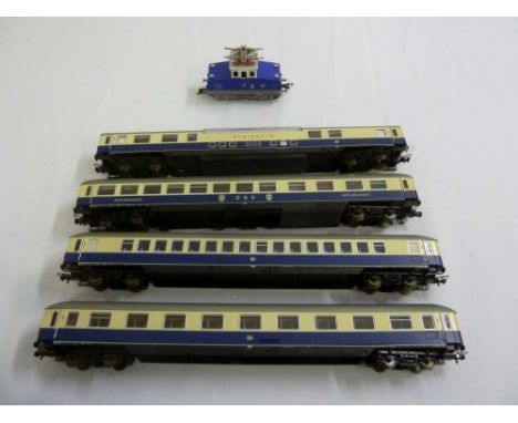 Lima HO gauge four coaches Rheingold and a Fleischmann 4305 0-4-0 rack and pinion loco