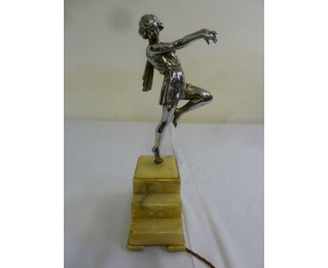 Art Deco chrome figurine of a lady on raised onyx base