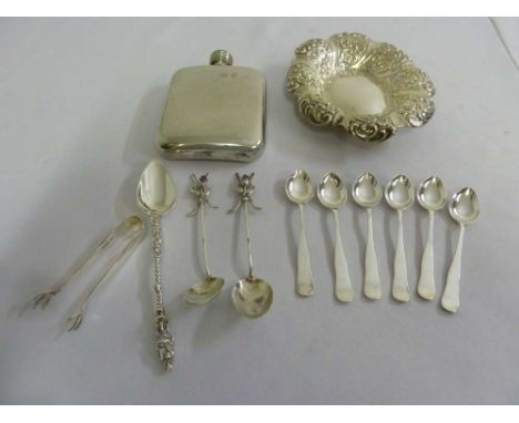 A quantity of silver and white metal to include a hip flask, a bonbon dish, a pair of tongs and nine spoons