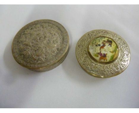 Persian white metal circular box with pull-off cover, and a silver plated circular box with pull-off cover and enamelled hunt