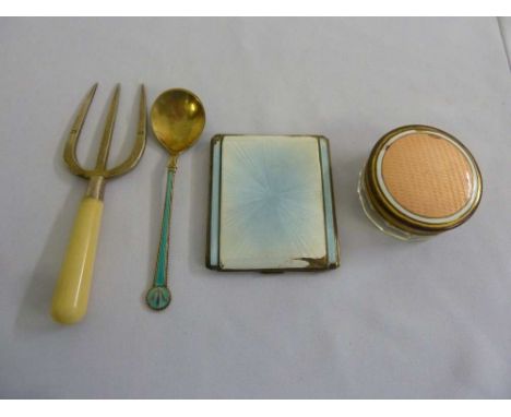 Silver and enamel spoon, a silver and enamel cigarette case, a white metal fork and a brass and enamel powder jar A/F