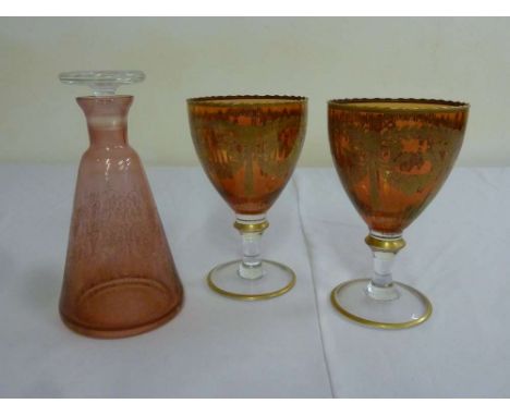 Pair of gilded glass goblets and a glass decanter