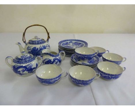 Chinese blue and white part teaset to include teapot, milk jug, sugar bowl, plates, cups and saucers  (18)