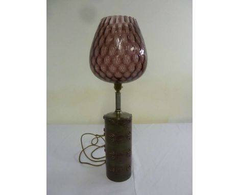 1970s table lamp with metal base and amethyst colour glass shade