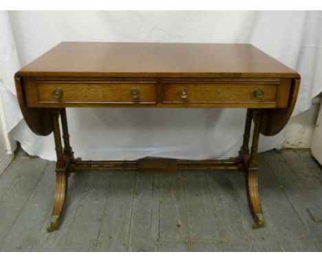 Mahogany drop flap sofa table, two drawers on four outswept legs