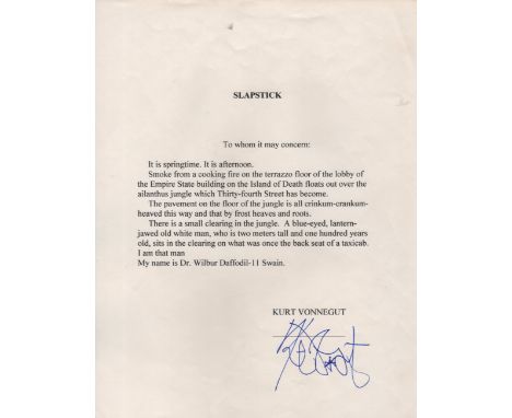  VONNEGUT KURT: (1922-2007) American Novelist. Souvenir T.Q.S., Kurt Vonnegut, one page, 4to, n.p., n.d. The quotation is tak