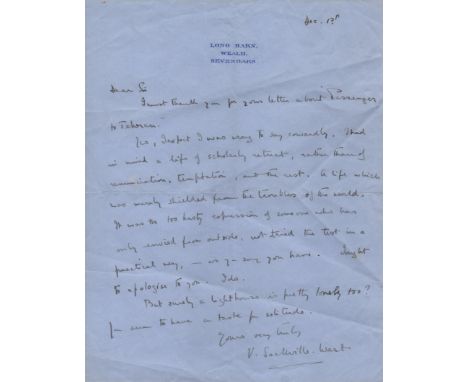  SACKVILLE-WEST VITA: (1892-1962) English Author and Poet. A.L.S., V. Sackville-West, one page, 4to, Weald, Sevenoaks, 1st De