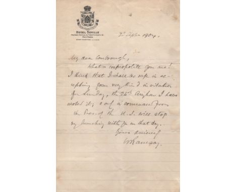  RAMSAY WILLIAM: (1852-1916) Scottish Chemist, Nobel Prize winner for Chemistry, 1904. A.L.S., W Ramsay, one page, 8vo, New Y