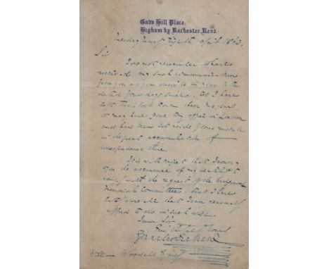  DICKENS CHARLES: (1812-1870) English Novelist. A.L.S., Charles Dickens, one page, 8vo, Gads Hill Place, Higham by Rochester,