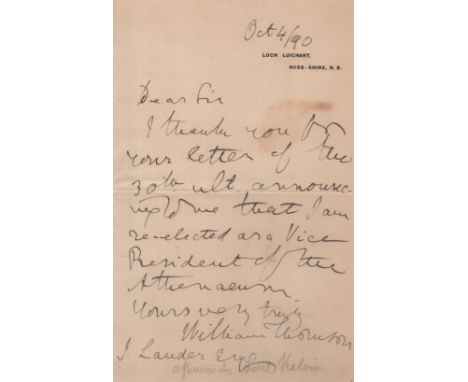  KELVIN LORD: (1824-1907) Irish-born British Mathematical Physicist and Engineer. A.L.S., William Thomson, one page, 8vo, Loc