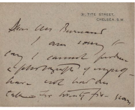  SARGENT JOHN SINGER: (1856-1925) American Painter. A.L.S., John S. Sargent, on two sides of a correspondence card, Tite Stre