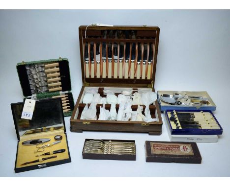 Oak canteen of cutlery; selection of other cased cutlery; cased manicure set and two vintage cameras, each in leather carry c