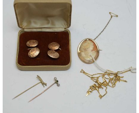 Gold and rolled-gold jewellery including a pair of 9ct gold cuff links, 6.7g, a gold stick-pin, a cameo brooch, and a rolled 