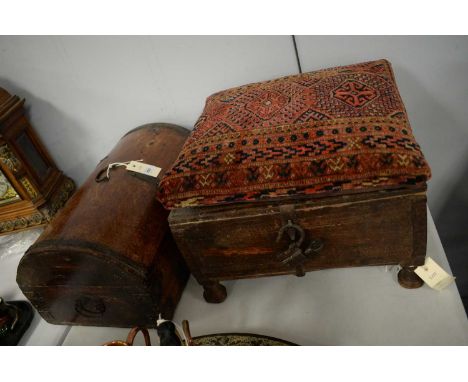 Early 20th century carved Indian box, raised on turned feet, 41cms wide, with accompanying Kilim cushion; along with a twin h