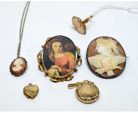 Vintage jewellery; including a carved cameo ring, marked 9ct; along with an antique carved cameo brooch, set in white metal, 