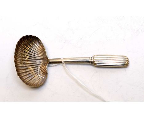 A George III silver caddy spoon, by William Pugh, Birmingham, 1812, with scallop-shell bowl and reeded handle, 8.2g.