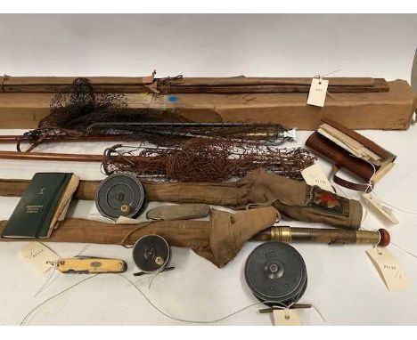 Selection of fishing rods, reels and accessories, including: Hardy Bros of Alnwick three-piece split cane fishing rod, with s