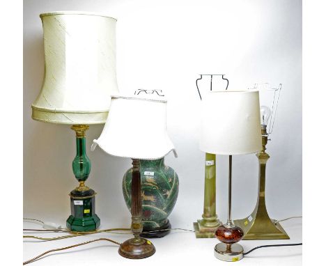 Early 20th Century green glass and gilt metal table lamp, 80cms high including shade; along with a brass table lamp and three