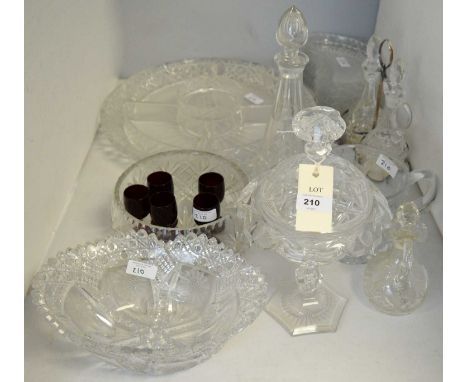 Selection of cut glass, including: decanter and stopper; stemmed sweet meat dish and cover; circular fruit bowl; serving dish