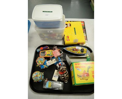 Chinese tin plate model swimming duck, in box; along with a selection of other tin plate toys including Japanese car; Japanes