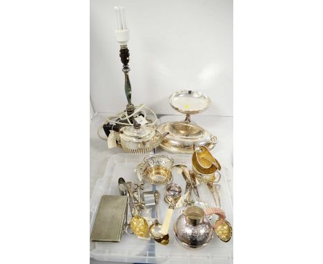 Selection of silver plated wares, including: Silver plated three piece tea service; pedestal bowl; lidded entree dish; cigare