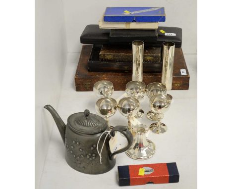 Selection of silver plated ware, including: including: cased sets of cutlery, pair of modernist solifleur, vases, set of six 