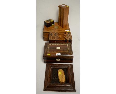Early 20th century marquetry inlaid tea caddy; and a selection of other boxes including an inlaid trinket box; also a carved 