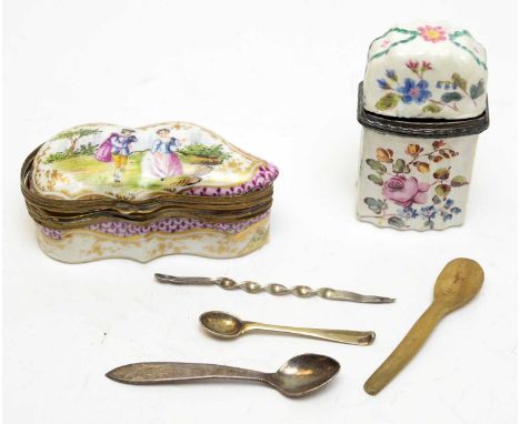 Collectors' items, including an enamelled porcelain patch box depicting a romantic scene, a vesta vase, and sundry miniature 