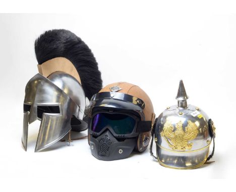 Voss V-Original motorcycle helmet; a reproduction pickelhaube, a reproduction Corinthian helmet with plume, together with a b