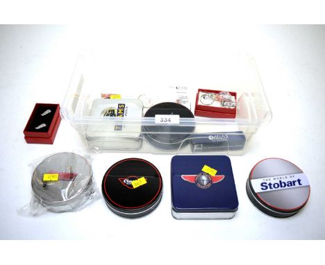 Selection of automobile coasters, keyrings and cufflinks, by makers including World of Stobart; Atlas Editions; and Jaguar. 