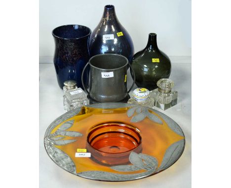 Selection of glass ware, including: Selkirk glass vase with aventurine inclusions, 19.5cms high; lustrous pottery vase; orang