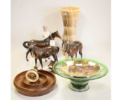 Four Beswick horses, including three modelled standing, the tallest 21.5cms high; along with other items including a green an