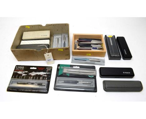 A large collection of vintage and modern Parker pens, including "Slimfold" and "51" models,