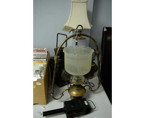 Ceiling mounted brass oil lamp, by Sherwoods, with funnel and opaque glass shade, 57cms high; along with other lamps includin