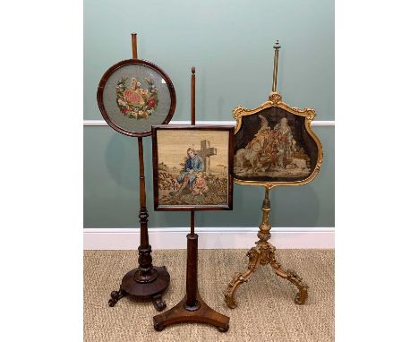 THREE 19TH CENTURY POLE SCREENS, two William IV with circular and rectangular panels, the third mid-Victorian with cartouche 