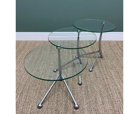 NEST OF THREE MODERN CHROME &amp; GLASS OCCASIONAL TABLES, by So'home Designs, each 50cms diameter (3)Condition Report:There 