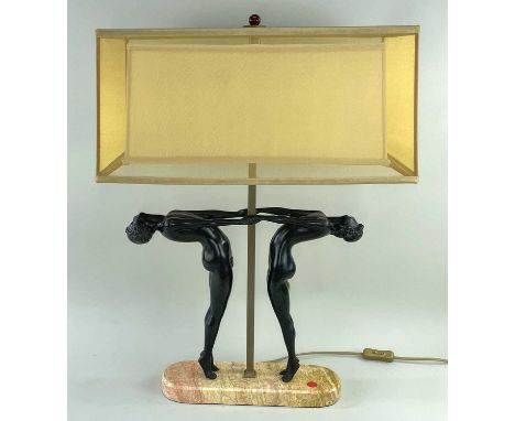 ART DECO STYLE FIGURAL TABLE LAMP, pair of dancing maidens, on yellow marble, possibly Sienna, oval base, rectangular shade, 