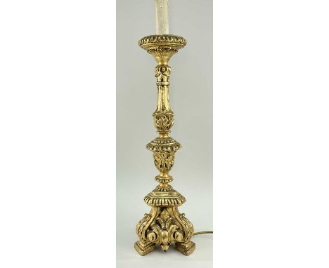 CONTINENTAL-STYLE GILTWOOD CANDLESTICK LAMP, 63cm h.